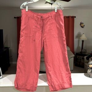 I Love 100% Linen Denim Co Women’s Red Wide Leg Cropped Drawstring Pants Size 10